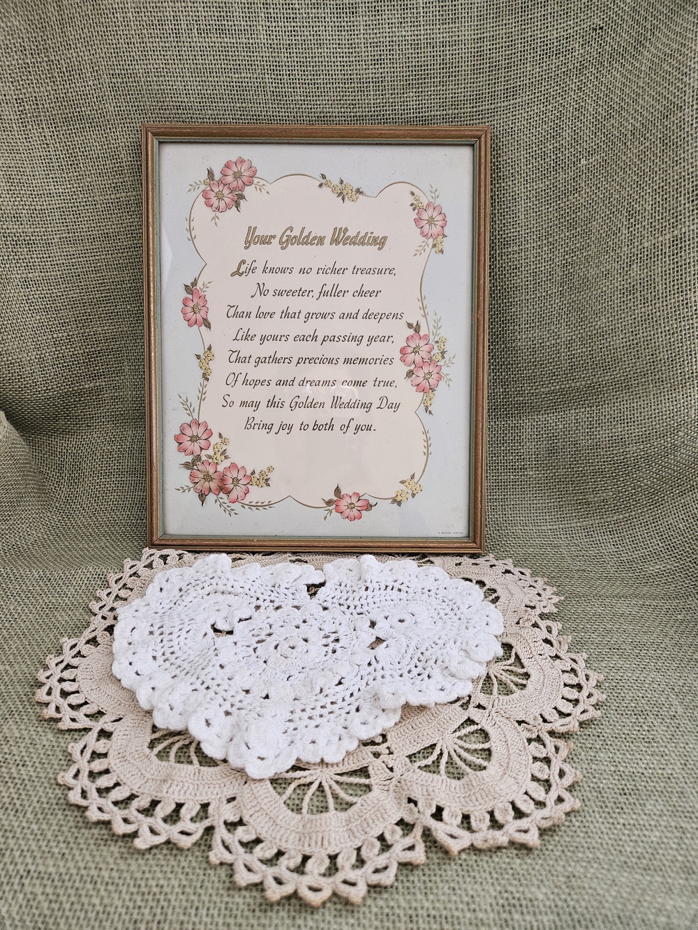 Framed Golden Wedding Floral Script Wall Plaque in Pink, Pale Band Gold  Vintage